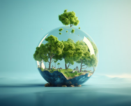 Ecology concept with tree inside a glass sphere. 3D renderingの素材