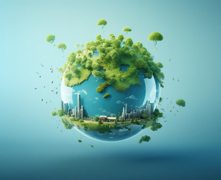 Ecology concept. Earth globe with green city and trees on blue backgroundの素材