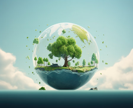 Ecology concept with green planet in glass ball on blue sky backgroundの素材