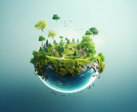 Little planet earth with green trees and houses. Eco friendly concept.の素材
