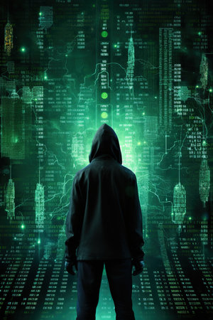 Image of hacker in hoodie against digital background with numbers and symbolsの素材