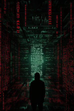 Silhouette of a hacker in front of a binary code backgroundの素材