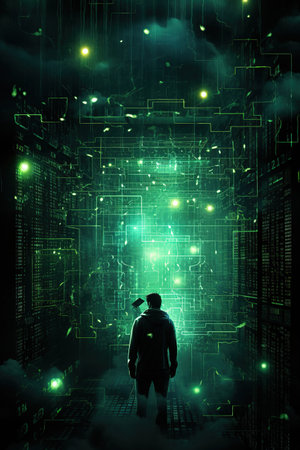 Silhouette of hacker in dark room with binary code on wallの素材