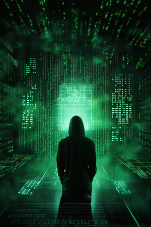 Silhouette of hacker in front of glowing binary code on dark backgroundの素材