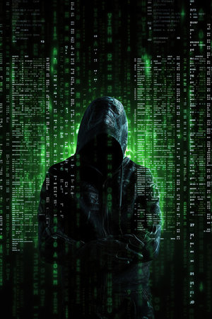 Hacker in hood and binary code on dark background, hacking conceptの素材