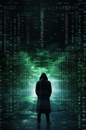 Silhouette of a hacker in front of a binary code backgroundの素材