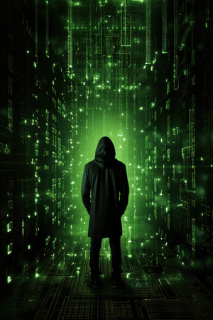 Silhouette of hacker standing in front of binary code on dark backgroundの素材