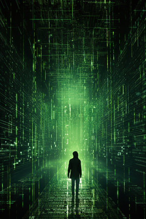 Back view of businessman looking at abstract glowing binary code on dark backgroundの素材