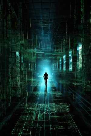 Businessman standing in front of a digital tunnel with binary code.の素材