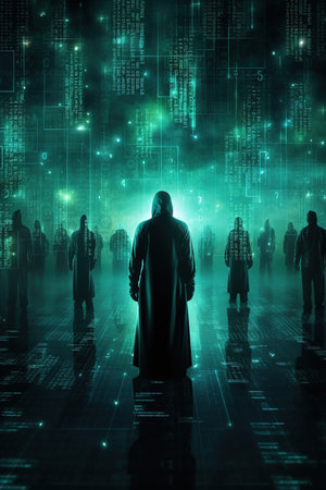 Silhouette of a hacker in front of a binary code backgroundの素材