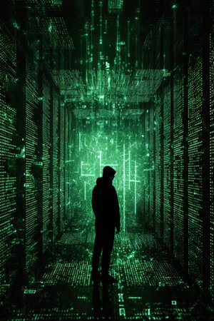 Silhouette of a hacker in front of a binary code tunnelの素材