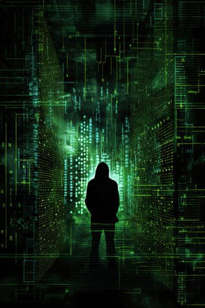 Silhouette of a hacker in front of a binary code backgroundの素材