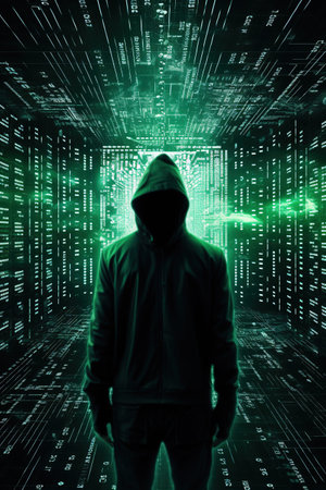 Hooded hacker in front of a binary code background with green lightの素材