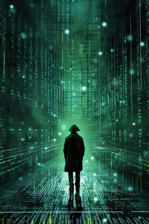 Silhouette of hacker with binary code and binary code on the backgroundの素材