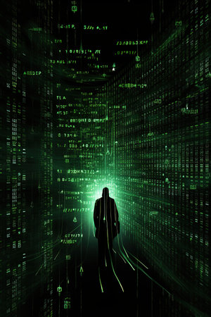 Man in front of a binary code background with glowing lines and numbersの素材