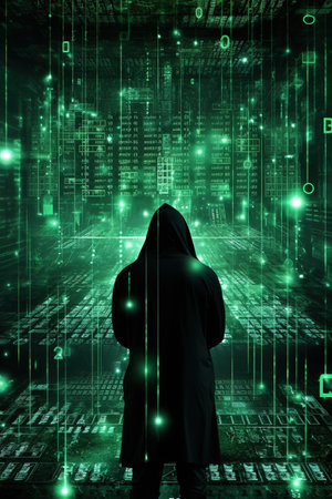 Back view of hacker in hoodie against digital background with binary codeの素材