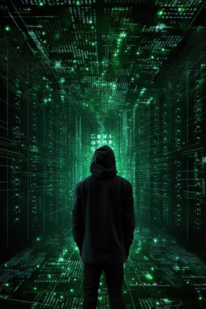 Hacker in hoodie looking at futuristic binary code tunnel on green backgroundの素材