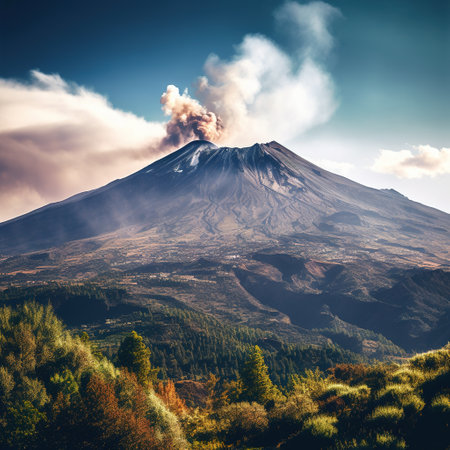 Beautiful view of Mt.Fuji with smoke from volcano.の素材