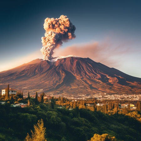 Panoramic view of volcano Etna with smog in Sicily, Italyの素材