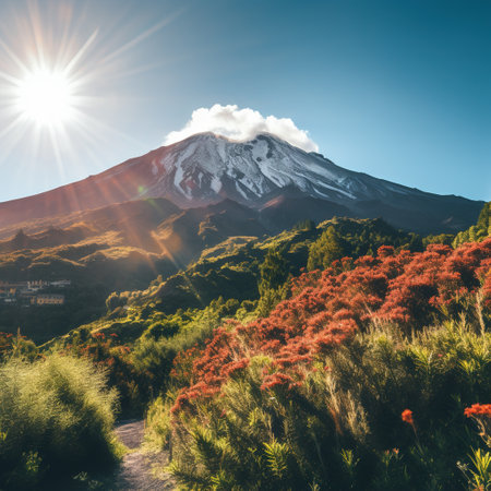 Mt.Fuji and red rhododendron at sunriseの素材