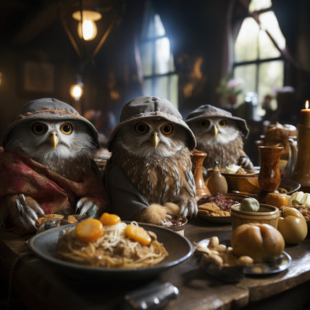 Owls sitting at the table in a rustic style.の素材