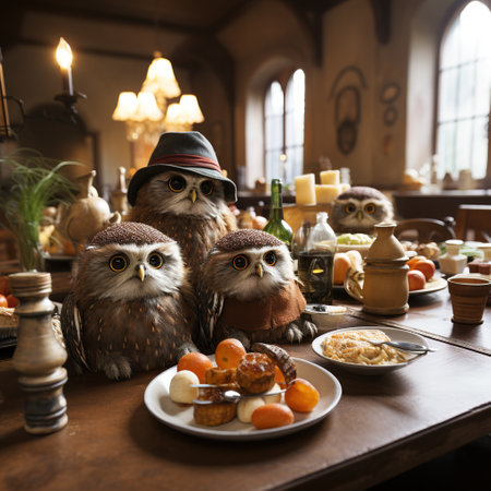 Owls on a table in a rustic kitchen with fruitsの素材