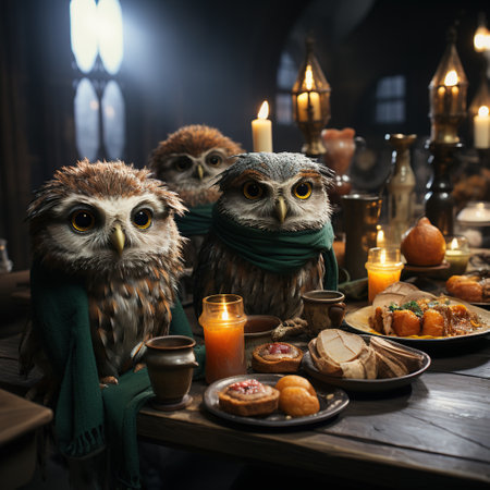 Owls in a green scarf sitting at the table in a dark roomの素材