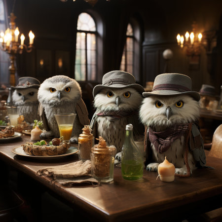 Owls are sitting at the table in the room. Halloween.の素材