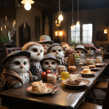 A group of owls sitting at a table in a cafe.の素材