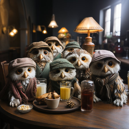 Owls in warm clothes sitting at a table in a cafeの素材