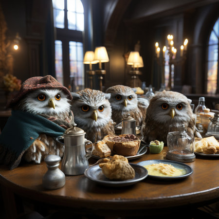 Owls sitting at the table in a cafe. Halloween concept.の素材
