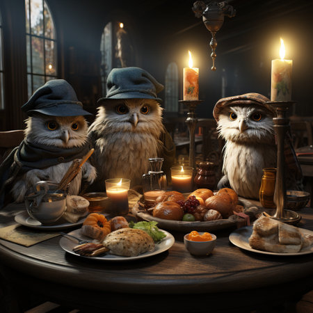 Three owls sitting at a table in a restaurant. Halloween concept.の素材