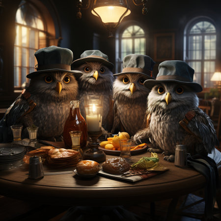 Three wise owls sitting at the table. Halloween concept. 3D rendering.の素材