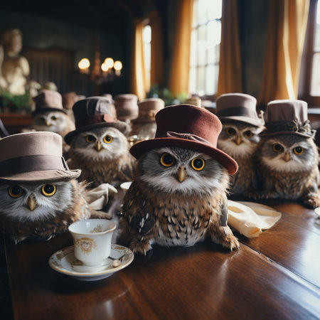 Cute owls in hats with cup of coffee on wooden tableの素材
