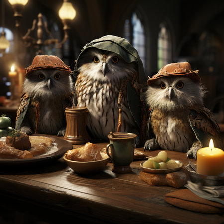 Owls sitting at a table in a dark room with candlesの素材