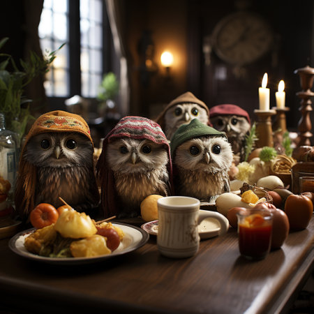 Cute owls sitting in front of a table full of food.の素材