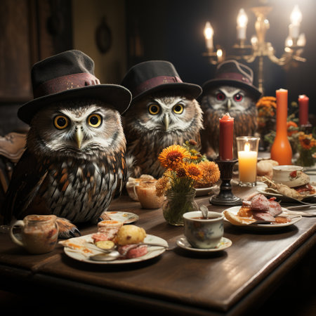 Owls sitting at a table in a room decorated for Halloweenの素材