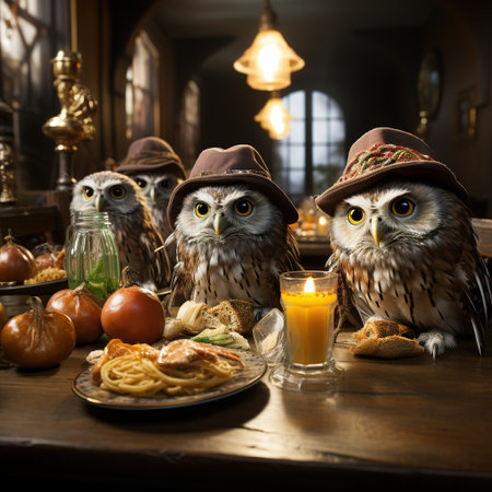 Three owls sitting at a table in a room decorated for Halloweenの素材