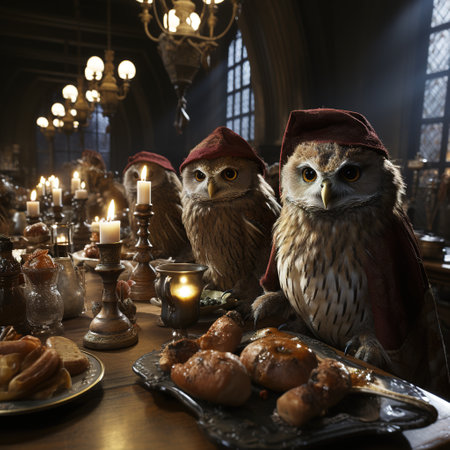 Owls in the interior of the old castle. Halloween concept.の素材