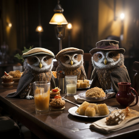 Owls sitting at a table in a cafe with different food.の素材