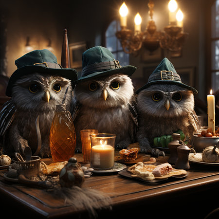 Three owls in leprechaun hat sitting at the tableの素材