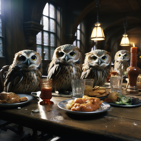 Beautiful owls sitting at a table in a restaurant. Halloween concept.の素材