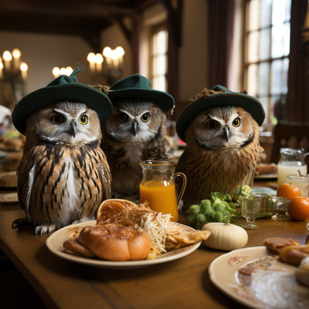 Three owls in leprechaun hats sitting at a tableの素材