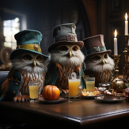Three wise owls in leprechaun hats sitting at a table in a pub.の素材