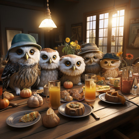 Group of owls sitting at the table with food and drinks.の素材