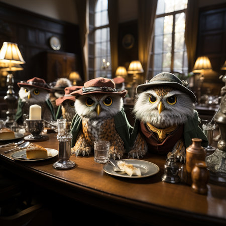 Owls sitting at a wooden table in a pub or restaurantの素材