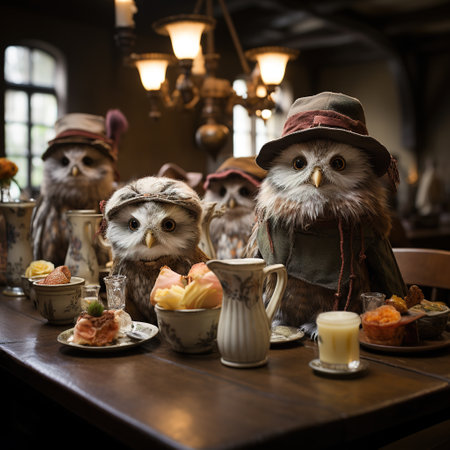 Cute owls sitting at the table in a rustic styleの素材
