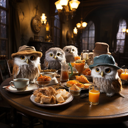 Owl family having breakfast at the table in the old castle.の素材