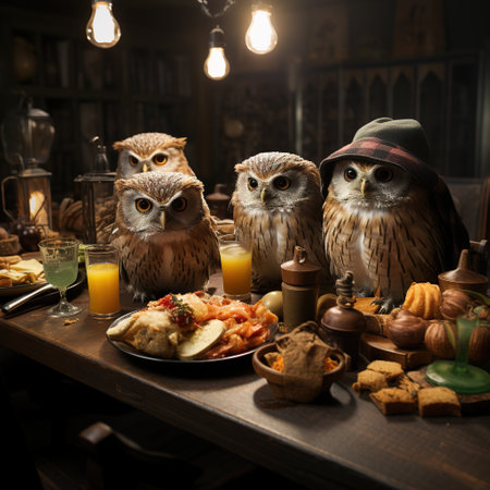 Owls sitting at a table in a restaurant. Halloween.の素材