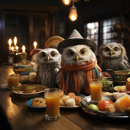 Owl family dinner at home. Halloween holiday concept. Copy space.の素材